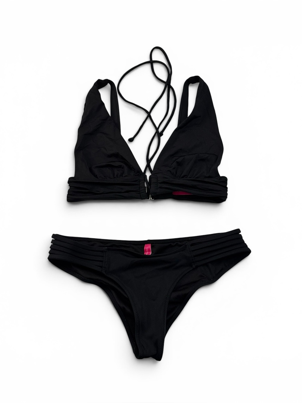 Victoria's Secret Halter Bikini Top Size Small Black Strappy Cheeky Bottom XS